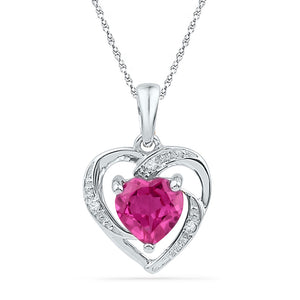 10kt White Gold Womens Round Lab-Created Ruby Heart Pendant 1 Cttw