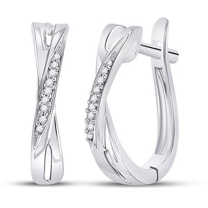 10kt White Gold Womens Round Diamond Slender Crossover Hoop Earrings 1/20 Cttw