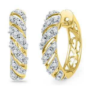 10kt Yellow Gold Womens Round Diamond Diagonal Stripe Hoop Earrings 1/6 Cttw