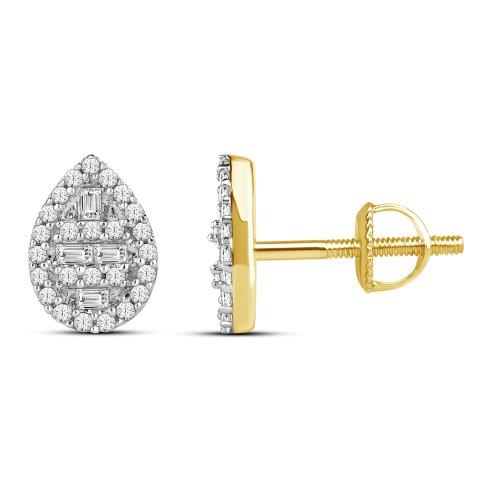 Genuine Baguette & Round Diamond Water Drop - 10K Gold Screw Back Earring