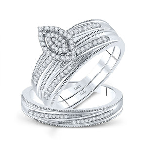 10kt White Gold His Hers Round Diamond Cluster Matching Wedding Set 1/4 Cttw