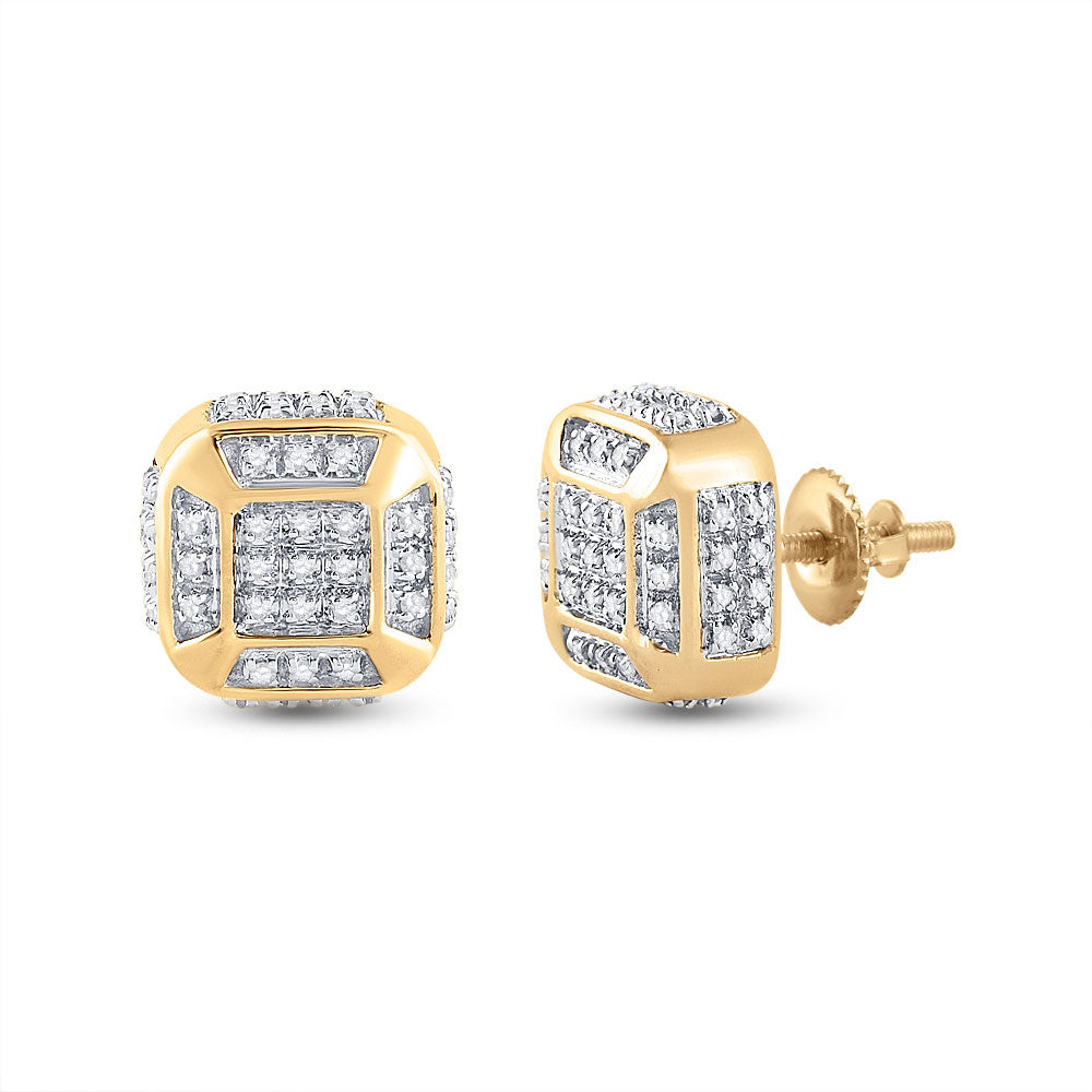 10kt Yellow Gold Mens Round Diamond Cushion Cluster Earrings 1/4 Cttw