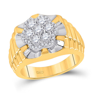 10kt Two-tone Yellow White Gold Mens Round Diamond Flower Cluster Ribbed Ring 1 Cttw