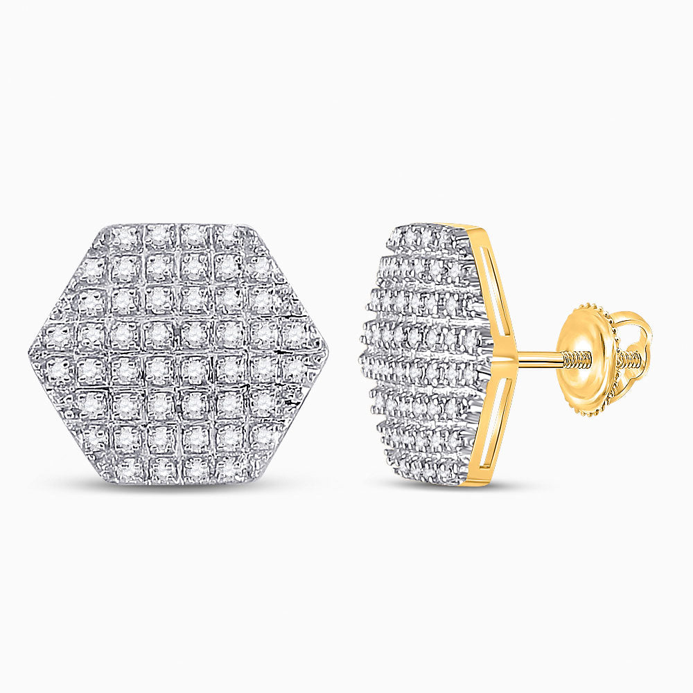 10kt Yellow Gold Mens Round Diamond Hexagon Stud Earrings 1/3 Cttw