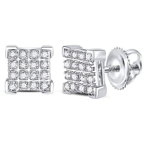 10kt White Gold Mens Round Diamond Square Cluster Earrings 1/10 Cttw