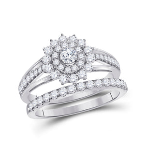 14kt Rose Gold Round Diamond Halo Bridal Wedding Ring Band Set 1-1/2 Cttw