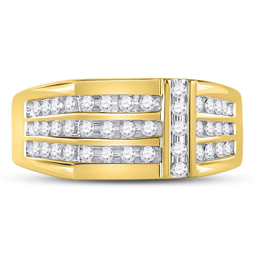 14kt Yellow Gold Mens Round Diamond Triple Row Intersecting Fashion Ring 1/2 Cttw