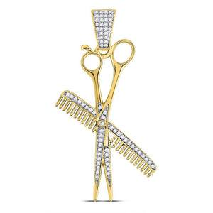 10kt Yellow Gold Mens Round Diamond Barber Scissors Comb Clippers Charm Pendant 1/3 Cttw