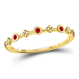 10kt Yellow Gold Womens Round Ruby Dot Flower Stackable Band Ring 1/12 Cttw
