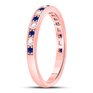 10kt Rose Gold Womens Round Blue Sapphire Diamond Alternating Stackable Band Ring 1/4 Cttw