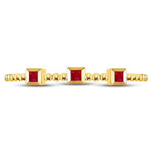 10kt Yellow Gold Womens Princess Ruby 3-Stone Beaded Stackable Band Ring 1/20 Cttw