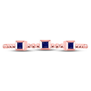 10kt Rose Gold Womens Princess Blue Sapphire 3-Stone Beaded Stackable Band Ring 1/20 Cttw