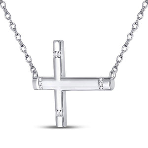 Sterling Silver Womens Round Diamond Horizontal Cross Necklace 1/20 Cttw