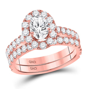 14kt Rose Gold Oval Diamond Bridal Wedding Ring Band Set 1-7/8 Cttw