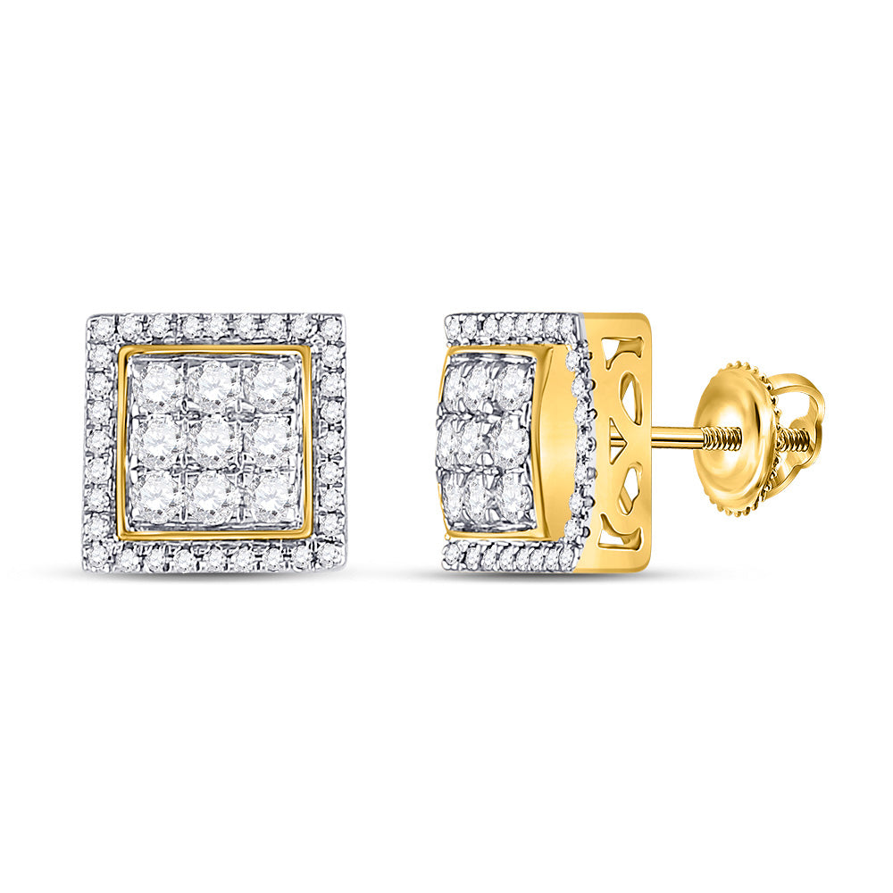 14kt Yellow Gold Mens Round Diamond Square Cluster Earrings 7/8 Cttw