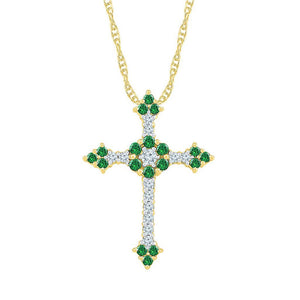 10kt Yellow Gold Womens Round Lab-Created Emerald Cross Pendant 7/8 Cttw
