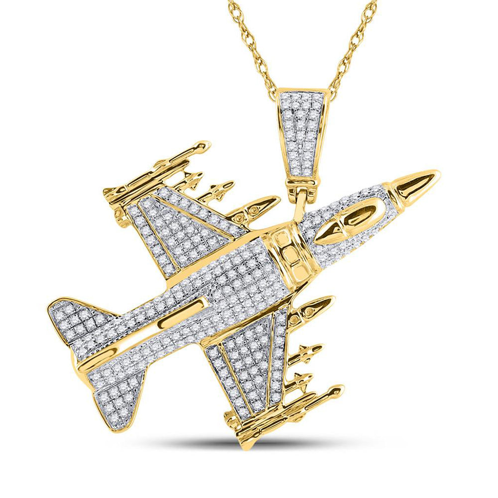 10kt Yellow Gold Mens Round Diamond Fighter Jet Plane Charm Pendant 7/8 Cttw