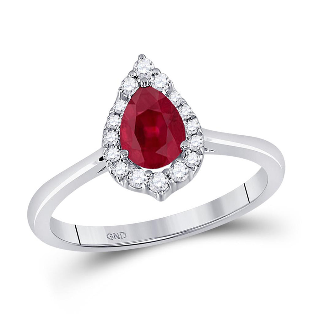 14kt White Gold Womens Pear Ruby Diamond Halo Fashion Ring 3/4 Cttw