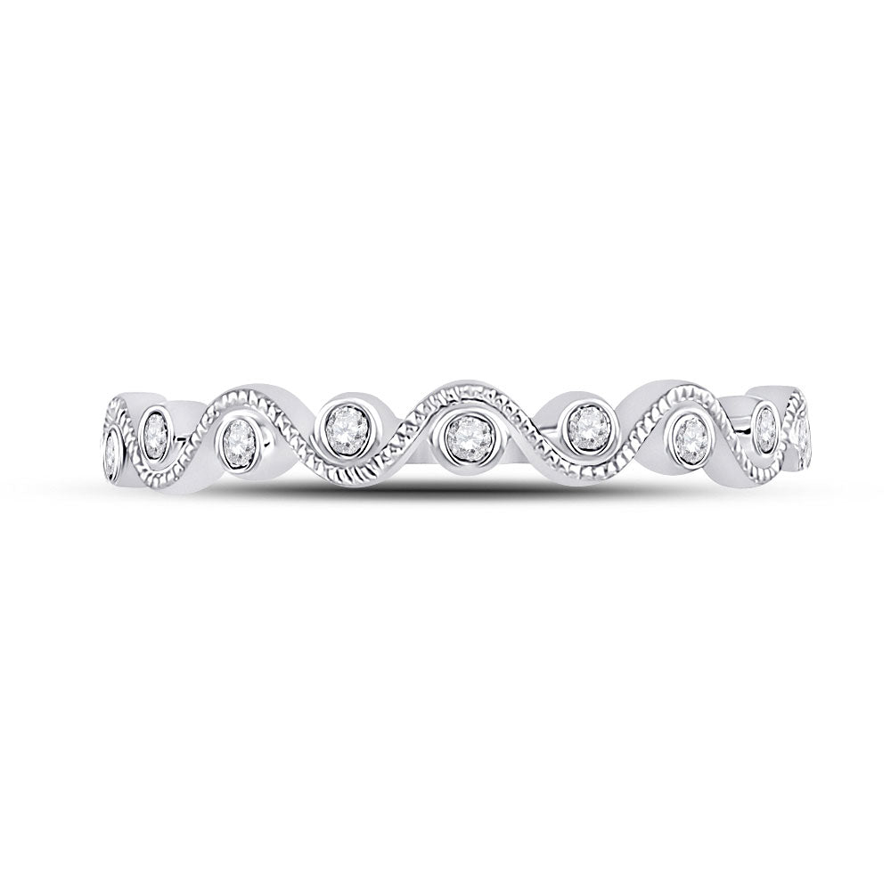 14kt White Gold Womens Round Diamond Wave Stackable Band Ring 1/10 Cttw
