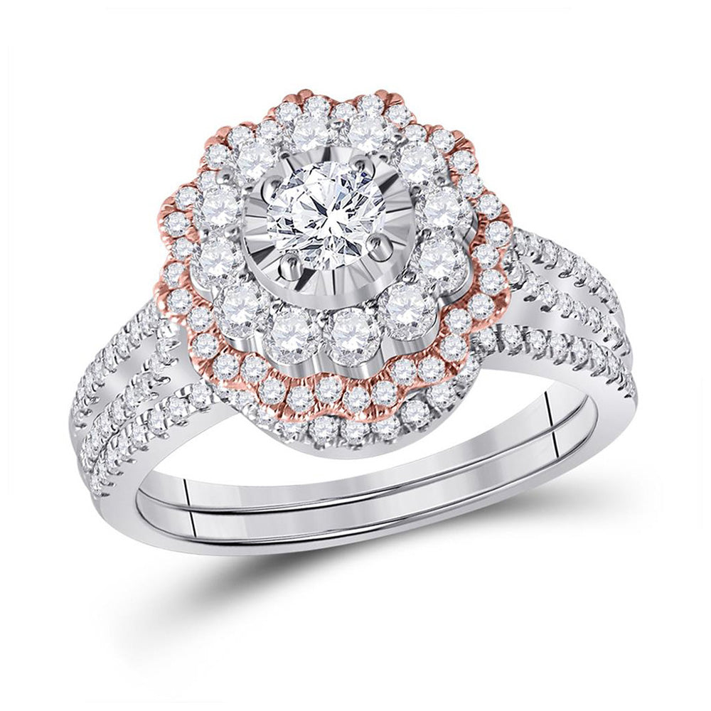 14kt Two-tone Gold Round Diamond Halo Bridal Wedding Ring Band Set 1-1/3 Cttw