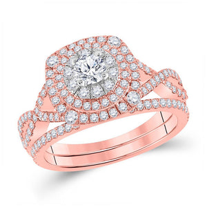 14kt Two-tone Gold Round Diamond Halo Bridal Wedding Ring Band Set 1-1/3 Cttw
