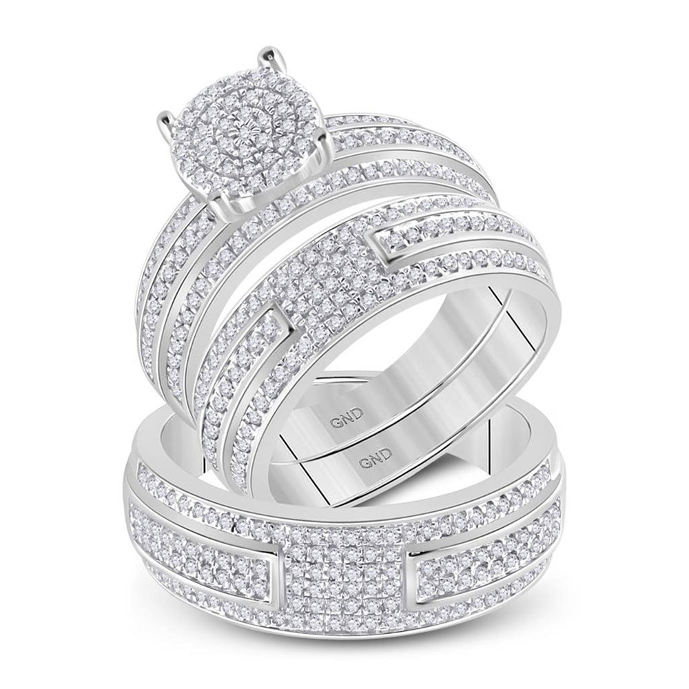 14kt White Gold His Hers Round Diamond Cluster Matching Wedding Set 1 Cttw