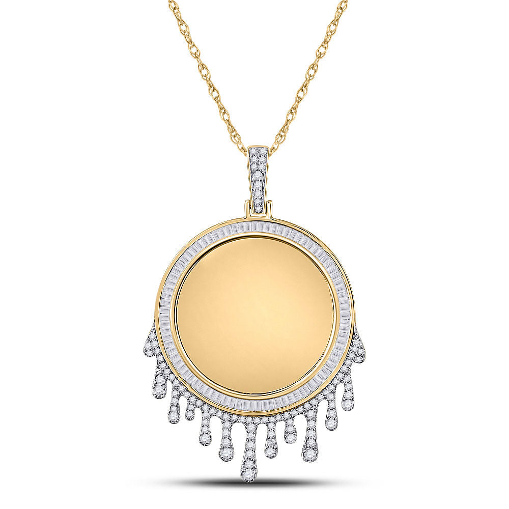 10kt Yellow Gold Mens Baguette Diamond Dripping Circle Picture Memory Pendant 1-7/8 Cttw