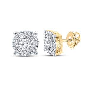 10kt Yellow Gold Mens Round Diamond Cluster Earrings 3/4 Cttw
