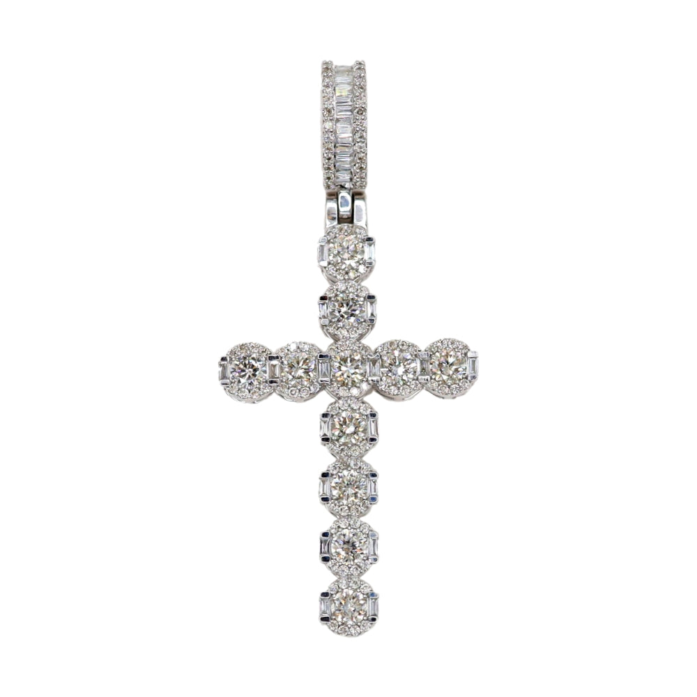 White Gold Diamond Cross Pendant - 10K Gold - Free Hollow Rope Chain