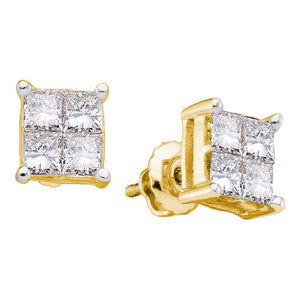 14kt Yellow Gold Womens Princess Diamond Cluster Stud Earrings 1/3 Cttw