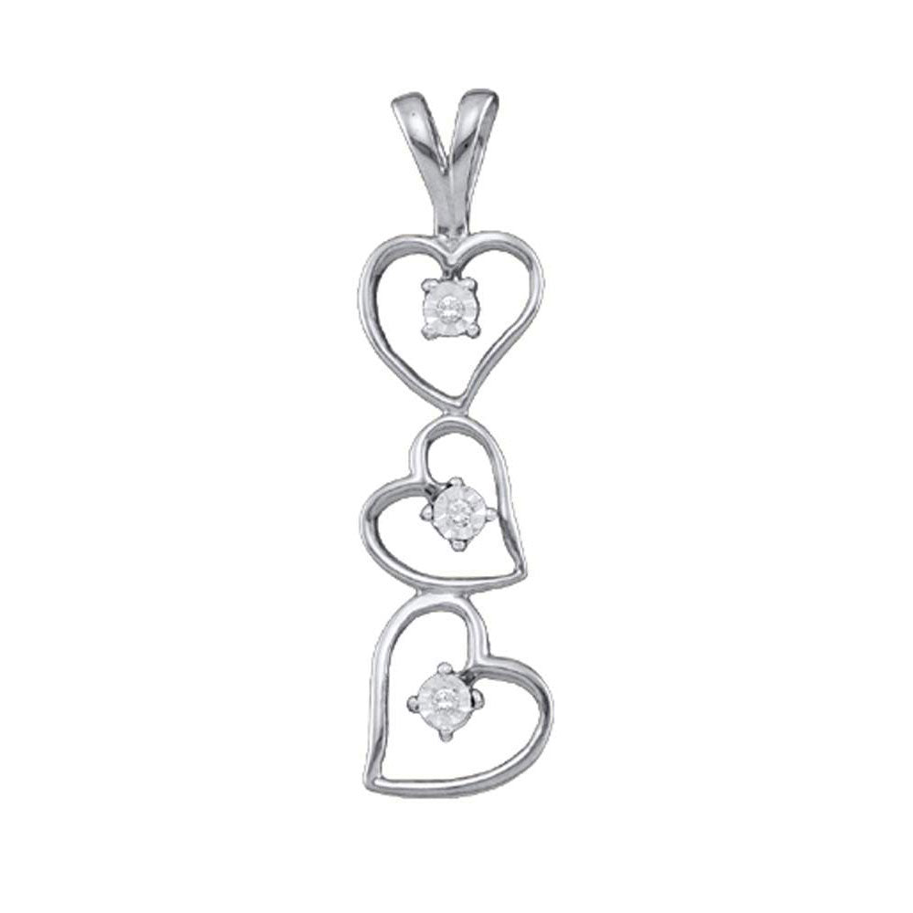 10kt White Gold Womens Round Diamond Triple Cascading Heart Pendant .03 Cttw