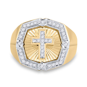 14kt Yellow Gold Mens Round Diamond Cross Ring 1/4 Cttw