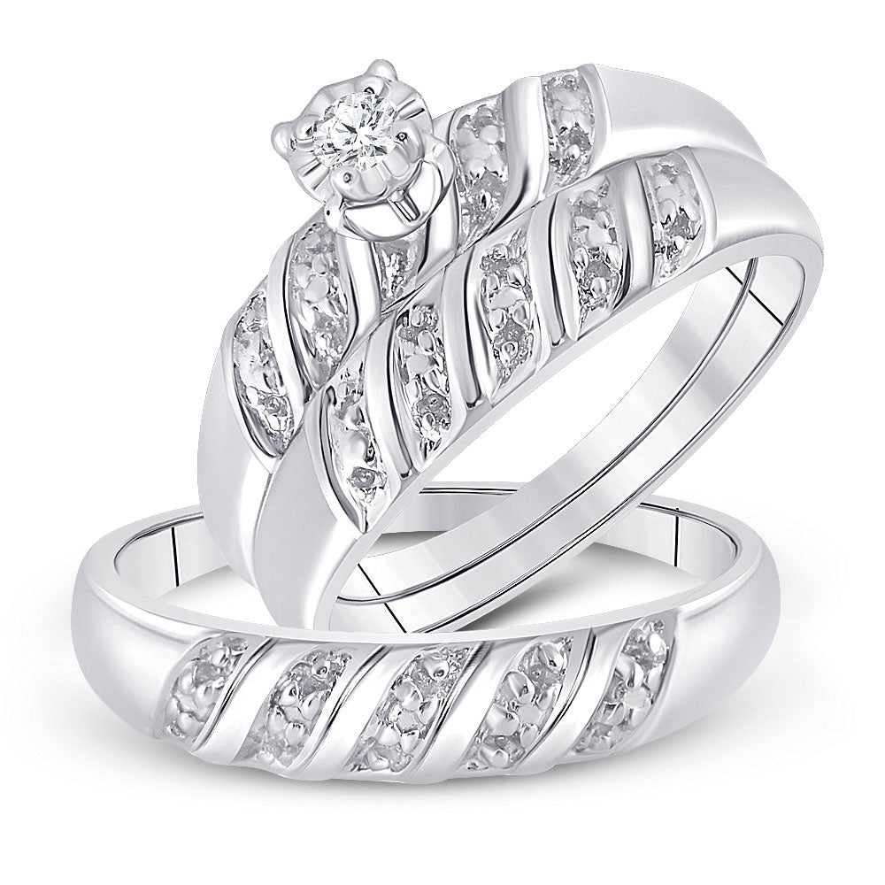 Sterling Silver His Hers Round Diamond Solitaire Matching Wedding Set 1/20 Cttw