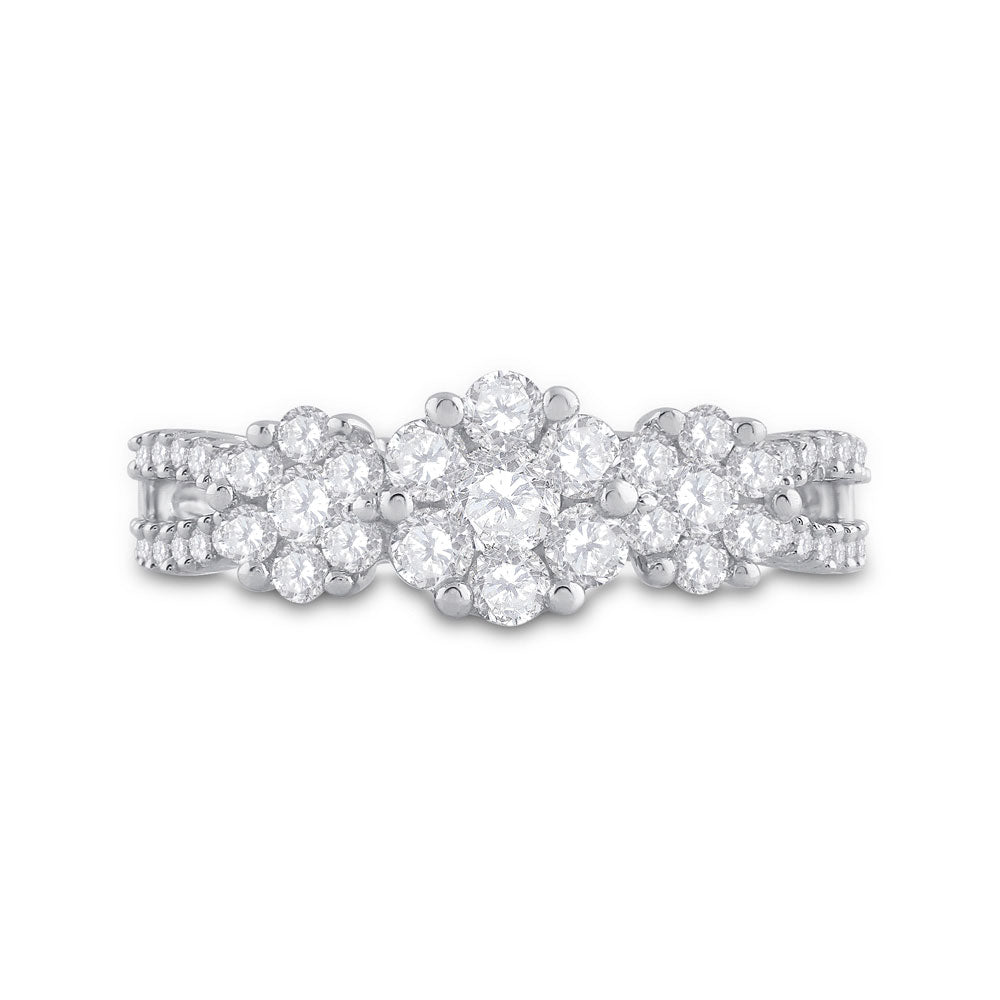 14kt White Gold Womens Round Diamond Triple Flower Cluster Ring 1 Cttw