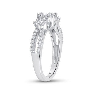 14kt White Gold Womens Round Diamond Triple Flower Cluster Ring 1 Cttw