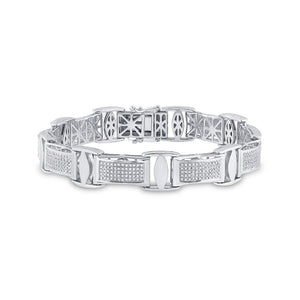 Sterling Silver Mens Round Diamond Rectangle Link Bracelet 1-5/8 Cttw
