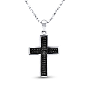 Sterling Silver Mens Round Black Color Enhanced Diamond Cross Charm Pendant 1/6 Cttw
