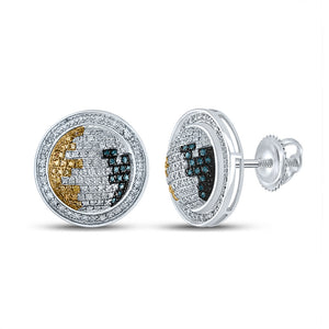 Sterling Silver Mens Round Blue Yellow Color Enhanced Diamond Circle Earrings 3/4 Cttw