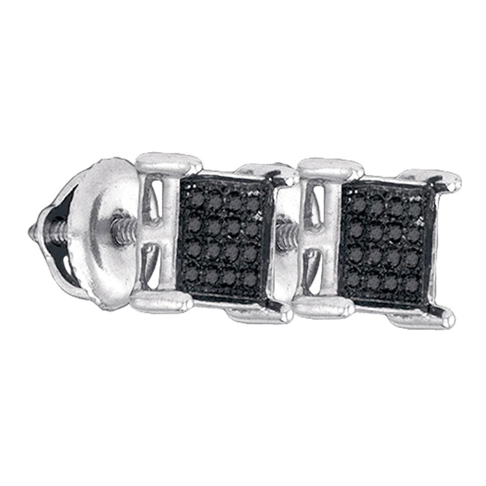 Sterling Silver Mens Round Black Color Enhanced Diamond Square Cluster Earrings 1/10 Cttw
