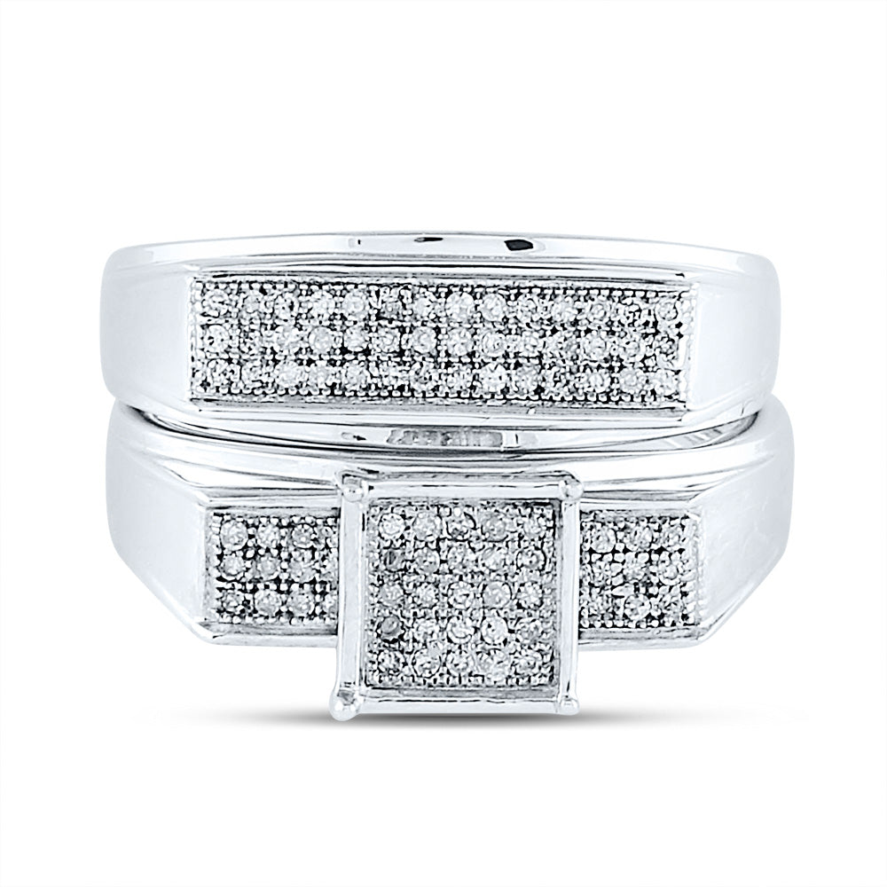 Sterling Silver Round Diamond Square Bridal Wedding Ring Band Set 1/4 Cttw
