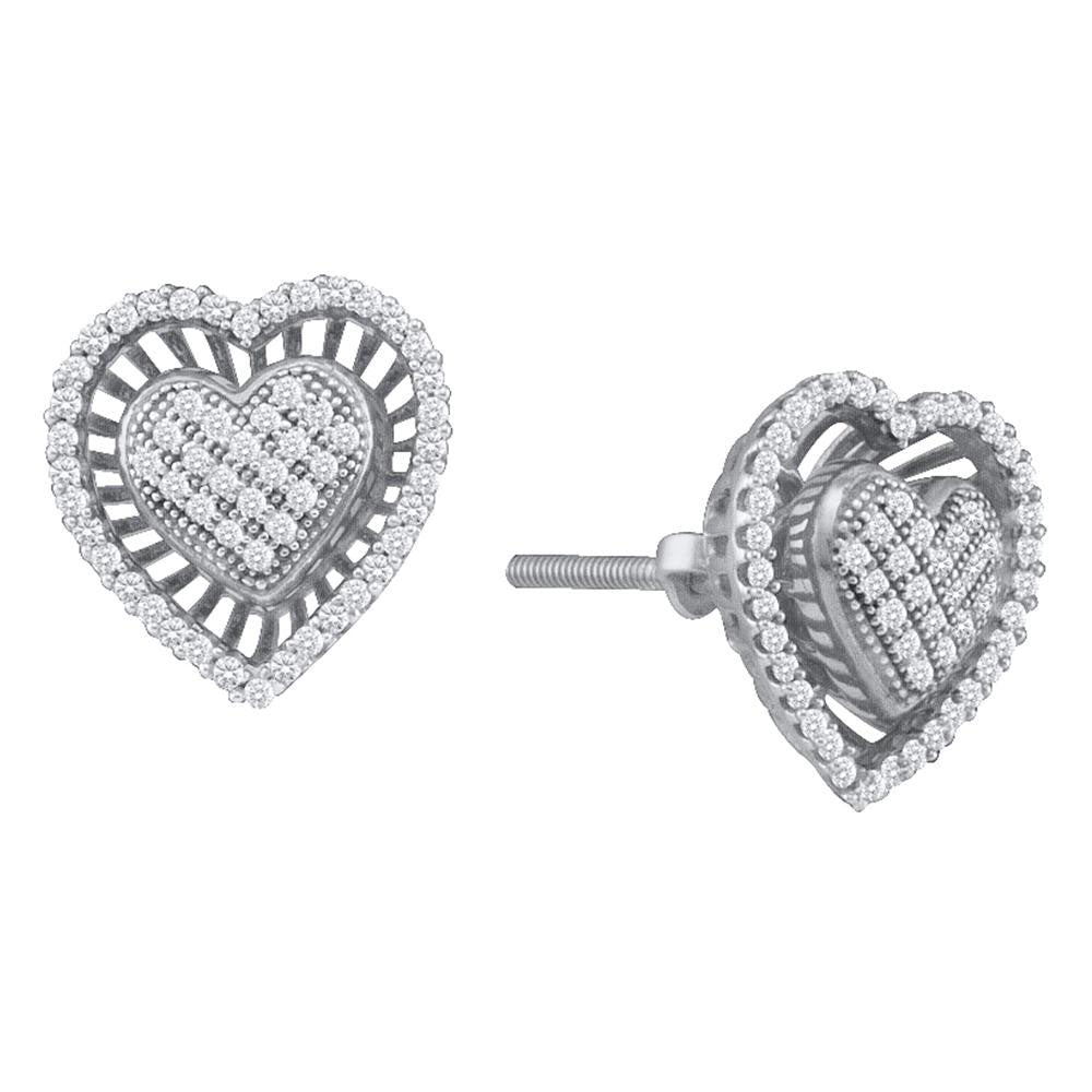 10kt White Gold Womens Round Diamond Heart Cluster Earrings 1/3 Cttw