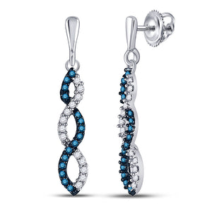 10kt White Gold Womens Round Blue Color Enhanced Diamond Dangle Earrings 1/6 Cttw