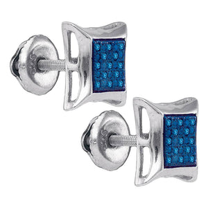 Sterling Silver Mens Round Blue Color Enhanced Diamond Square Kite Earrings 1/12 Cttw