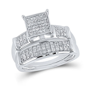 Sterling Silver His Hers Round Diamond Square Matching Wedding Set 1/2 Cttw