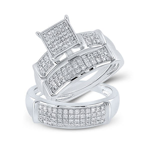 Sterling Silver His Hers Round Diamond Square Matching Wedding Set 1/2 Cttw