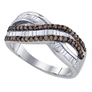 Sterling Silver Womens Baguette Brown Diamond Crossover Band Ring 5/8 Cttw