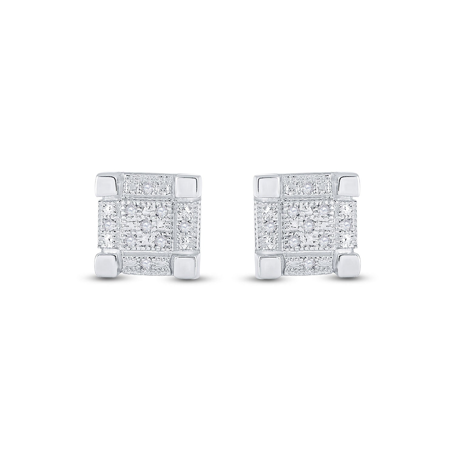 Sterling Silver Mens Round Diamond 3D Cube Square Earrings 1/20 Cttw