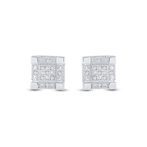 Sterling Silver Mens Round Diamond 3D Cube Square Earrings 1/20 Cttw