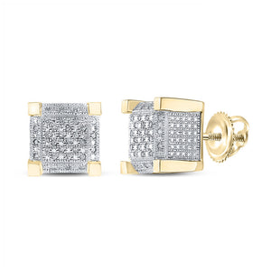 Yellow-tone Sterling Silver Mens Round Diamond 3D Cube Square Earrings 1/5 Cttw