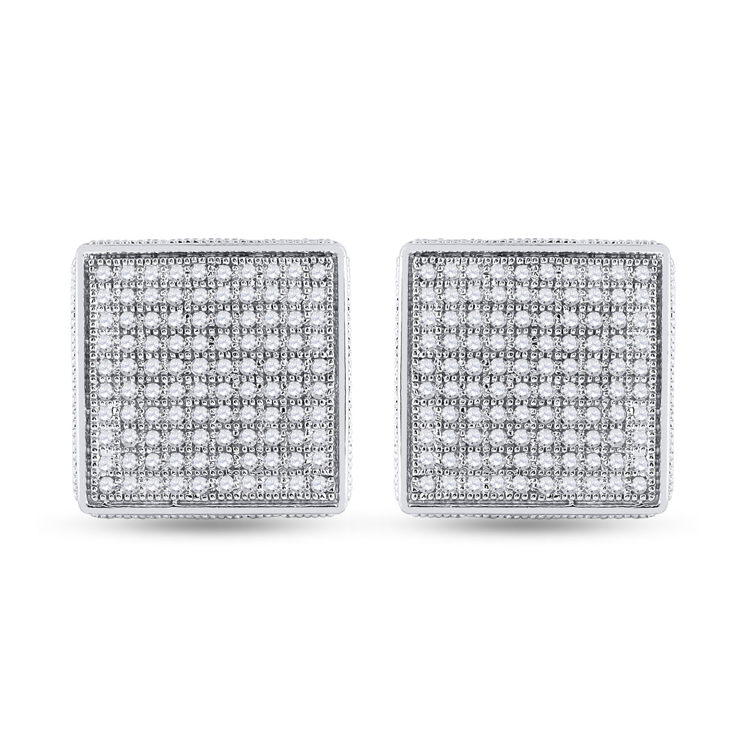 Sterling Silver Mens Round Diamond 3D Square Earrings 1/2 Cttw